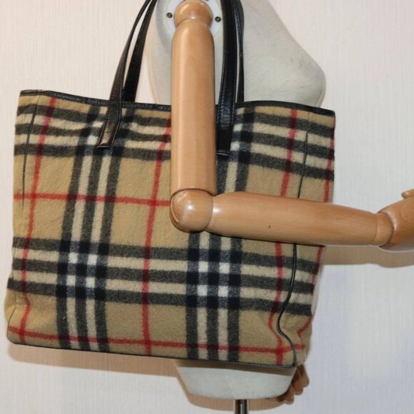 BURBERRY Nova Check Blue Label Shoulder Bag Wool Beige Silver Auth - Picture 1 of 16